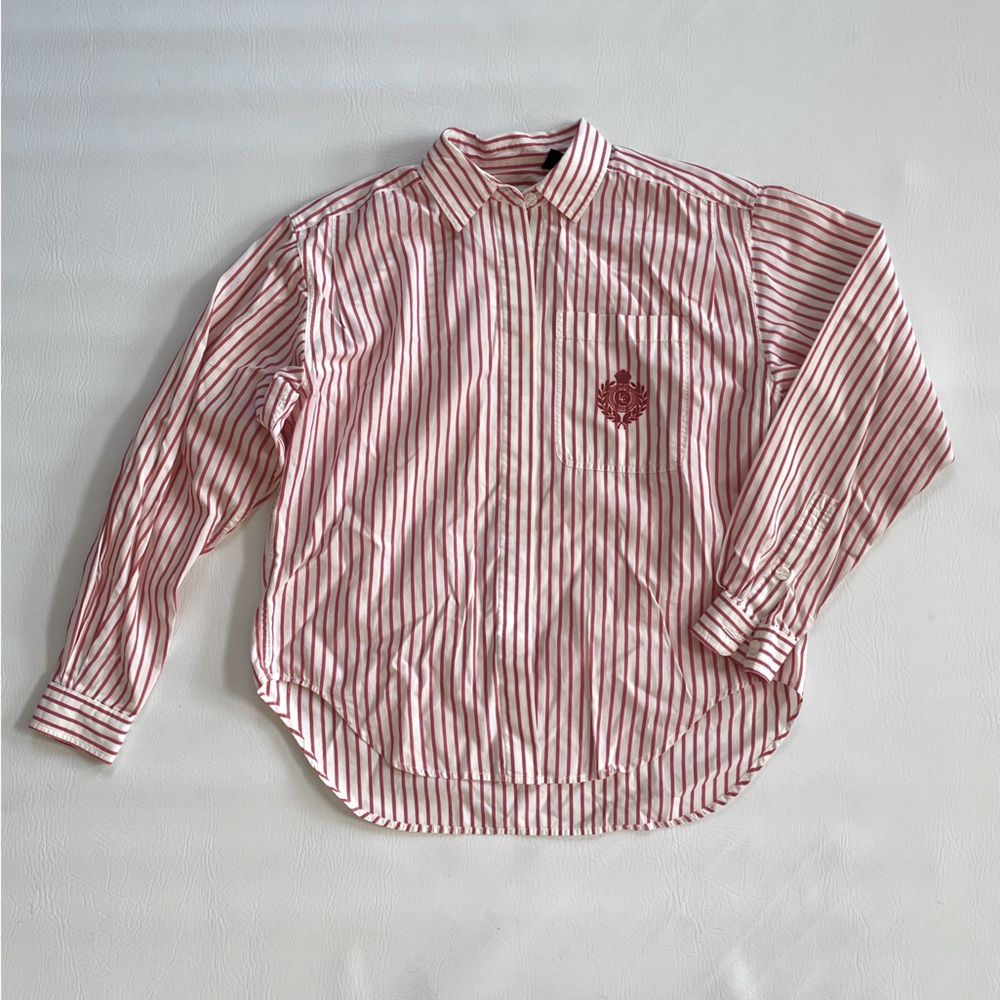 Vintage Red White Stripe Button Down Shirt Oversized Petite Small